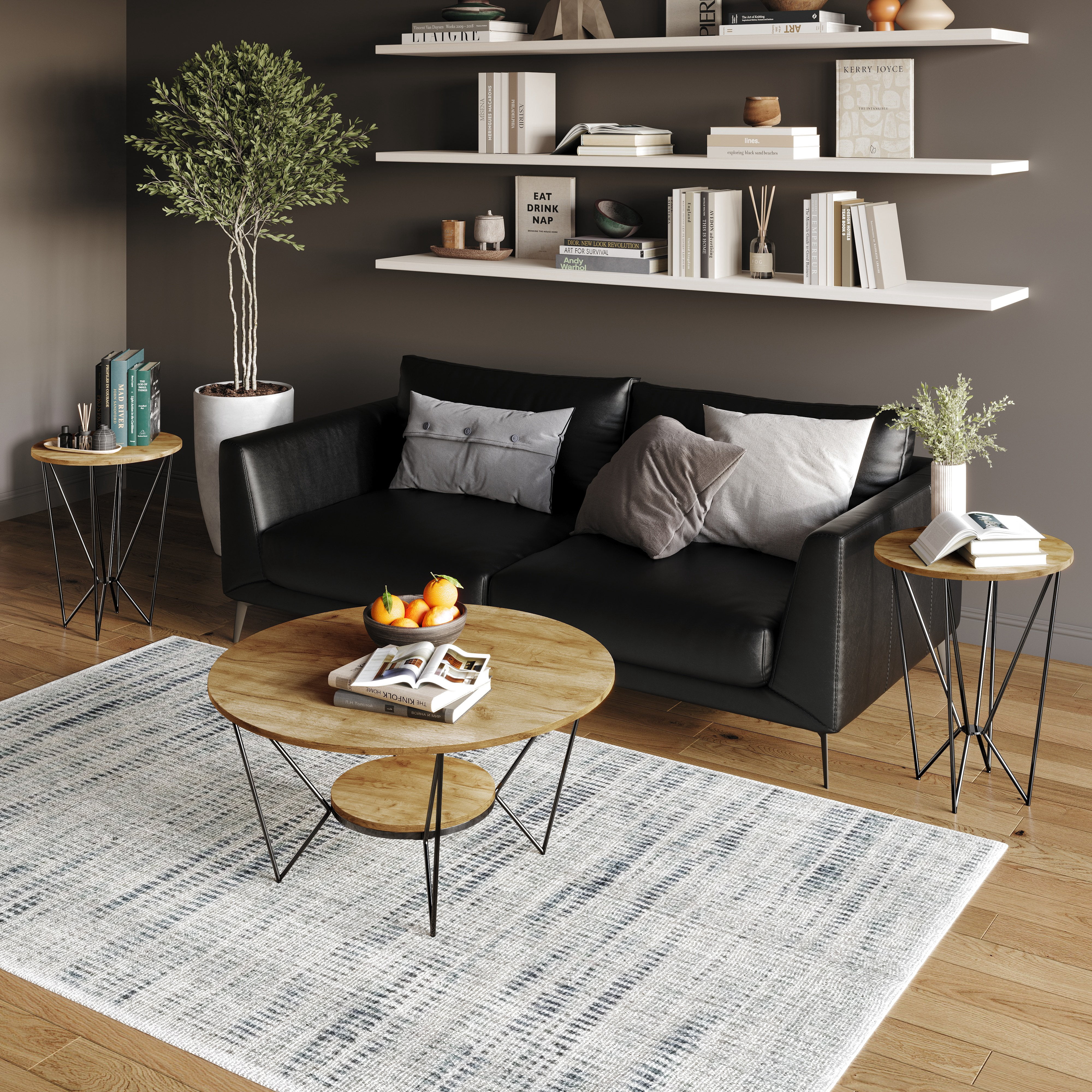 Castle Place Modern 3- Pieces Coffee Table Set, Light Oak
