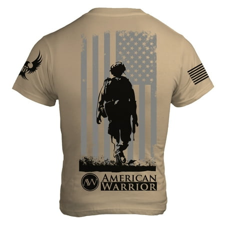 Tan Spandex Shirt Down Range Patriotic T Shirt Supporting Veterans w Soldier and US Flag w Bald Eagle and Flag on Sleeves Made in the USA on Tan ()