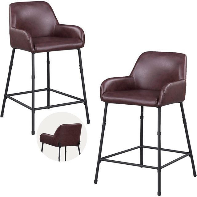 KATDANS Counter Height Stools-24 Inch Bar Chair PU Leather, Bar Stools Set of 2 with Back and Arms-Kitchen Stools for Kitchen, Living Room, Pub, Bistro, Dark Brown