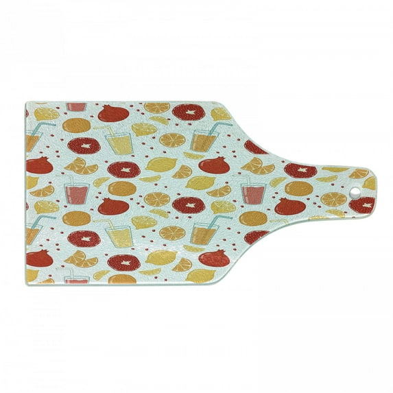 Modern Cutting Board, Fruits Pomegranate Orange Juice Kitchen Lemon Yummy Food Illustration, Decorative Tempered Glass Cutting and Serving Board, Wine Bottle Shape, Apricot Ruby, by Ambesonne