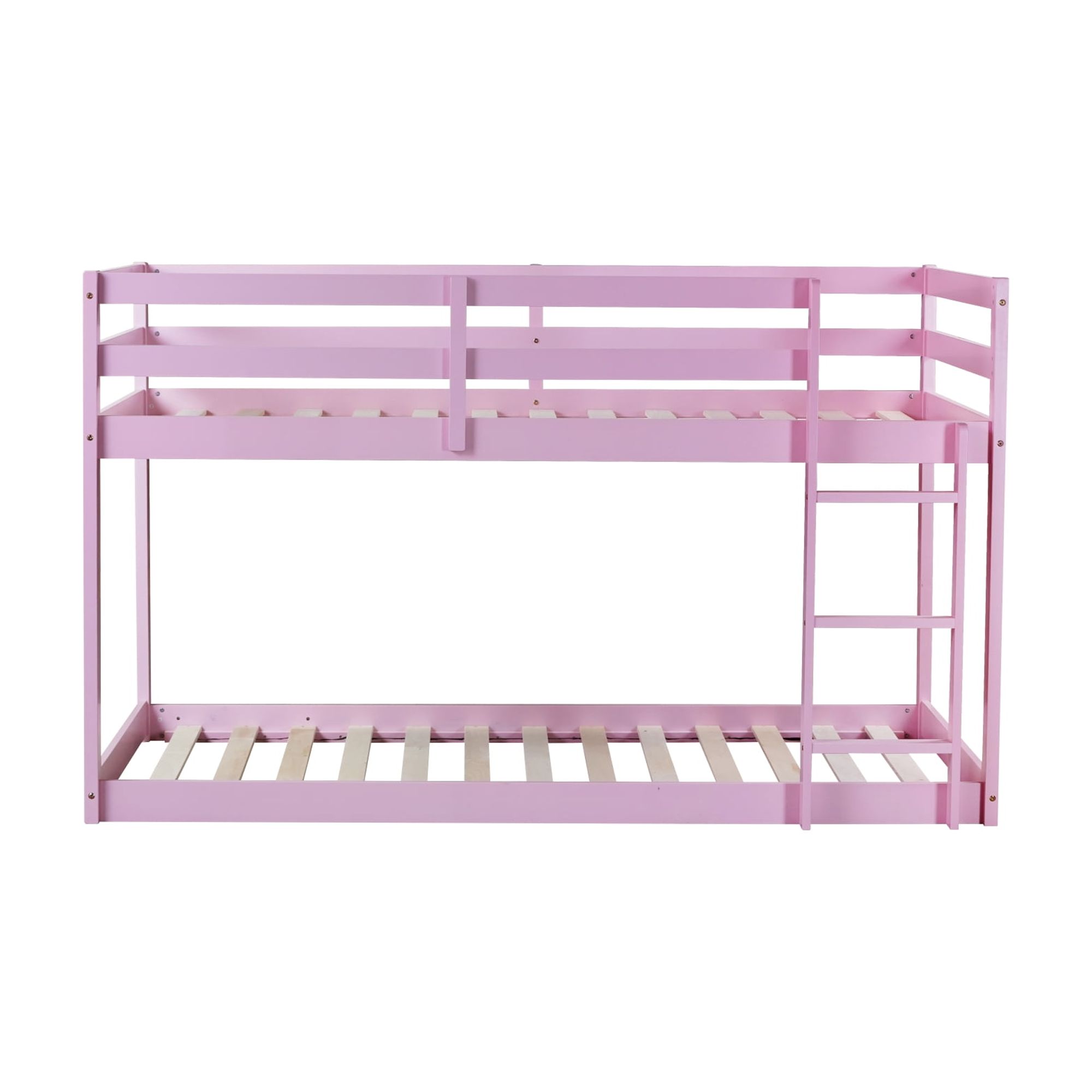 Leumius Twin over Twin Floor Bunk Bed with Ladder ,Upper and Bottom Bed Platforms Crafted with Strengthened Slats for Boys Girls Pink