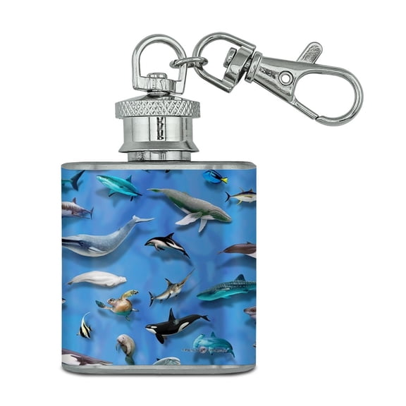 Ocean Life Whale Dolphin Manatee Shark Pattern Stainless Steel 1oz Mini Flask Key Chain