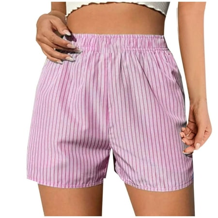Generic Women s Striped Print Shorts Elastic Waist Mini Shorts Summer Lounge Shorts Trendy Pleated Boxer Shorts