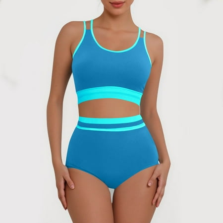 Hfyihgf Women s High Waisted Bikini Sets Cheeky Two Piece Swimsuits Color Block Sporty Bathing Suits High Cut Swimwear(Blue L)