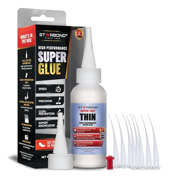 Starbond Super Fast Thin CA Glue – Pro Kit with Precision Microtips Anti-Clog Cap & Extra Nozzles Premium Cyanoacrylate Adhesive for Cracks, Joints, Woodturning, Hobby Repairs, 2 oz