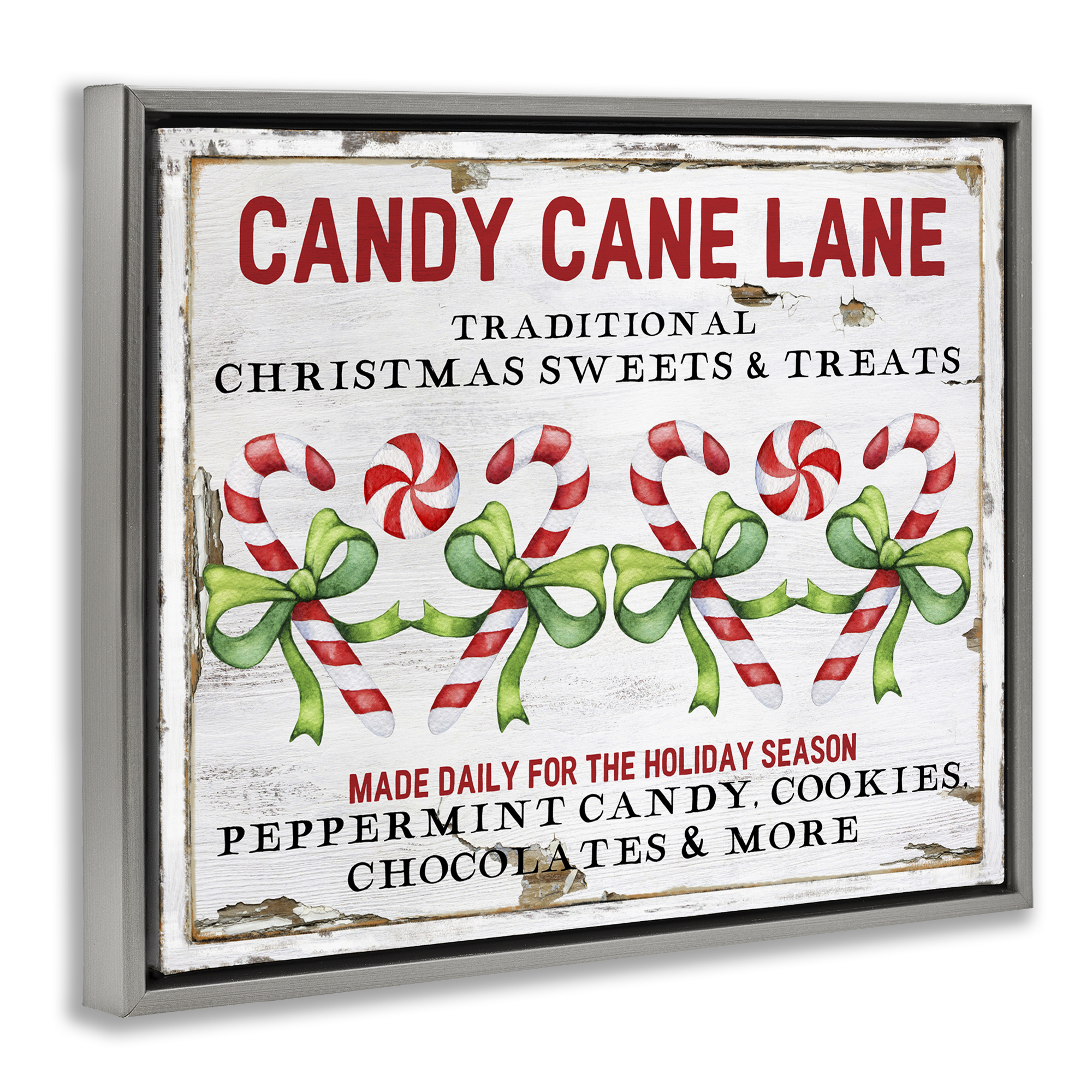 Stupell Industries Candy Cane Lane Sign Holiday Painting Gray Floater Framed Canvas Art Prints Wall Art, 31 x 25
