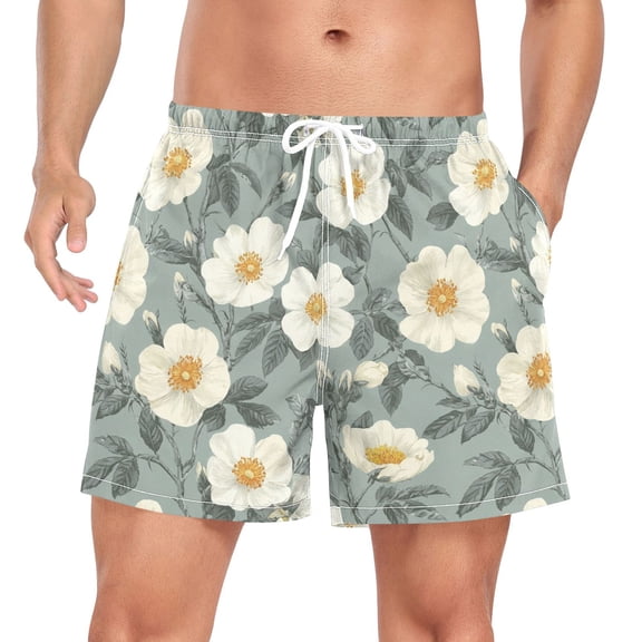 FORMRS Mens Swim Trunks Mesh Liner Quick Dry Casual Beach Board Shorts with Pockets, Sizes S-2XL, Sage Green Flower Pattern
