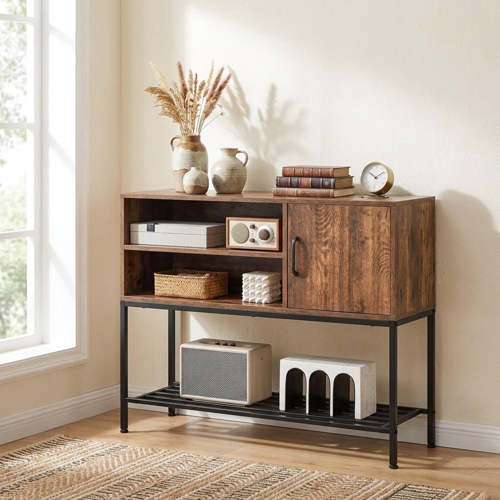 Furnibear Buffet Sideboard Coffee Bar Cabinet with Power Outlets and USB Ports for Kitchen Dining Living Room Buffet Storage Server, Rustic Brown
