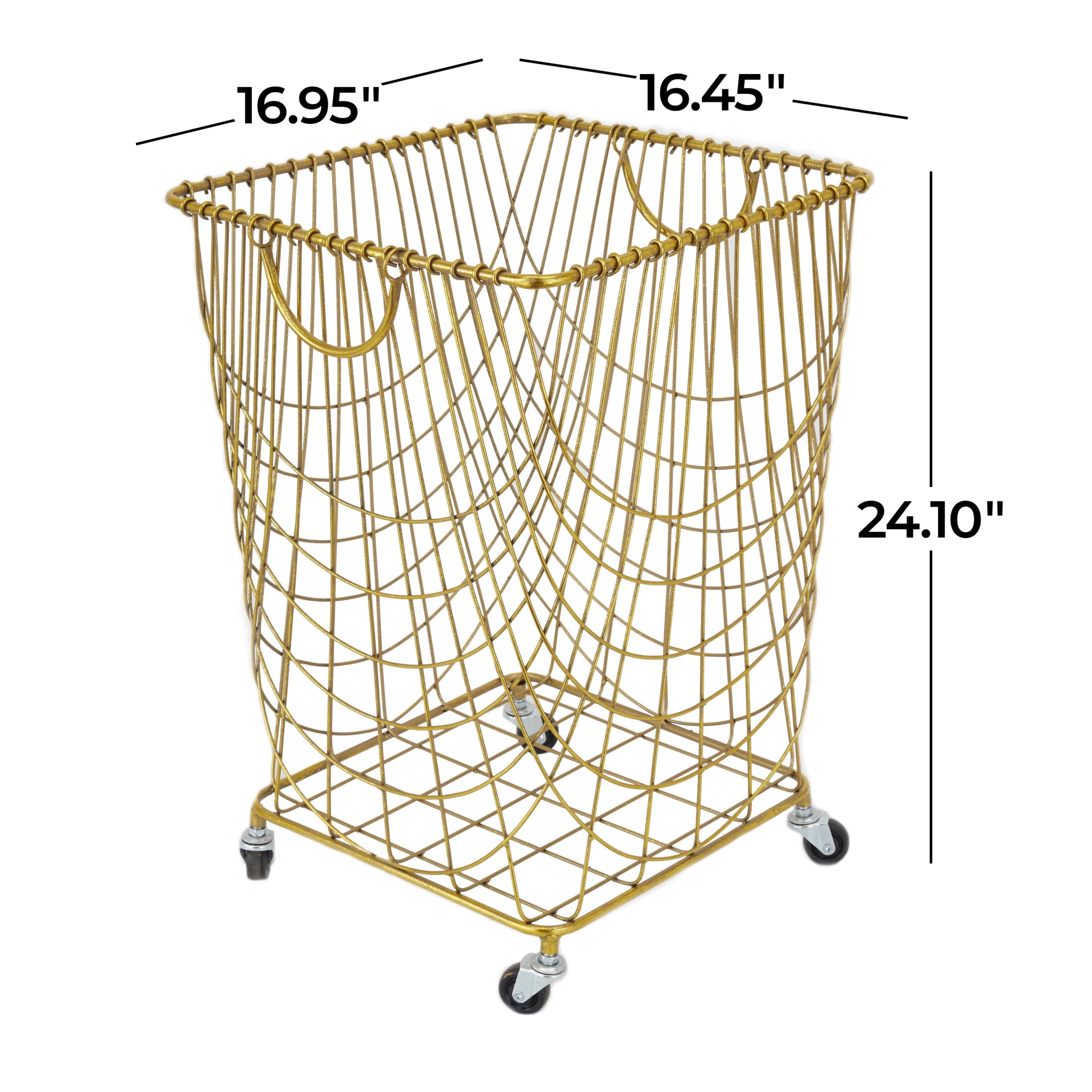 DecMode Gold Metal Deep Set Metal Mesh Laundry Basket Storage Cart with Wheels and Handles