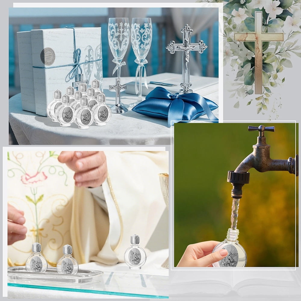 12 Pcs Holy Water Bottles 0.5 Floz Embossed Portable Empty Glass Travel Bottles with Lid Little Bottle Church Decorations Silver