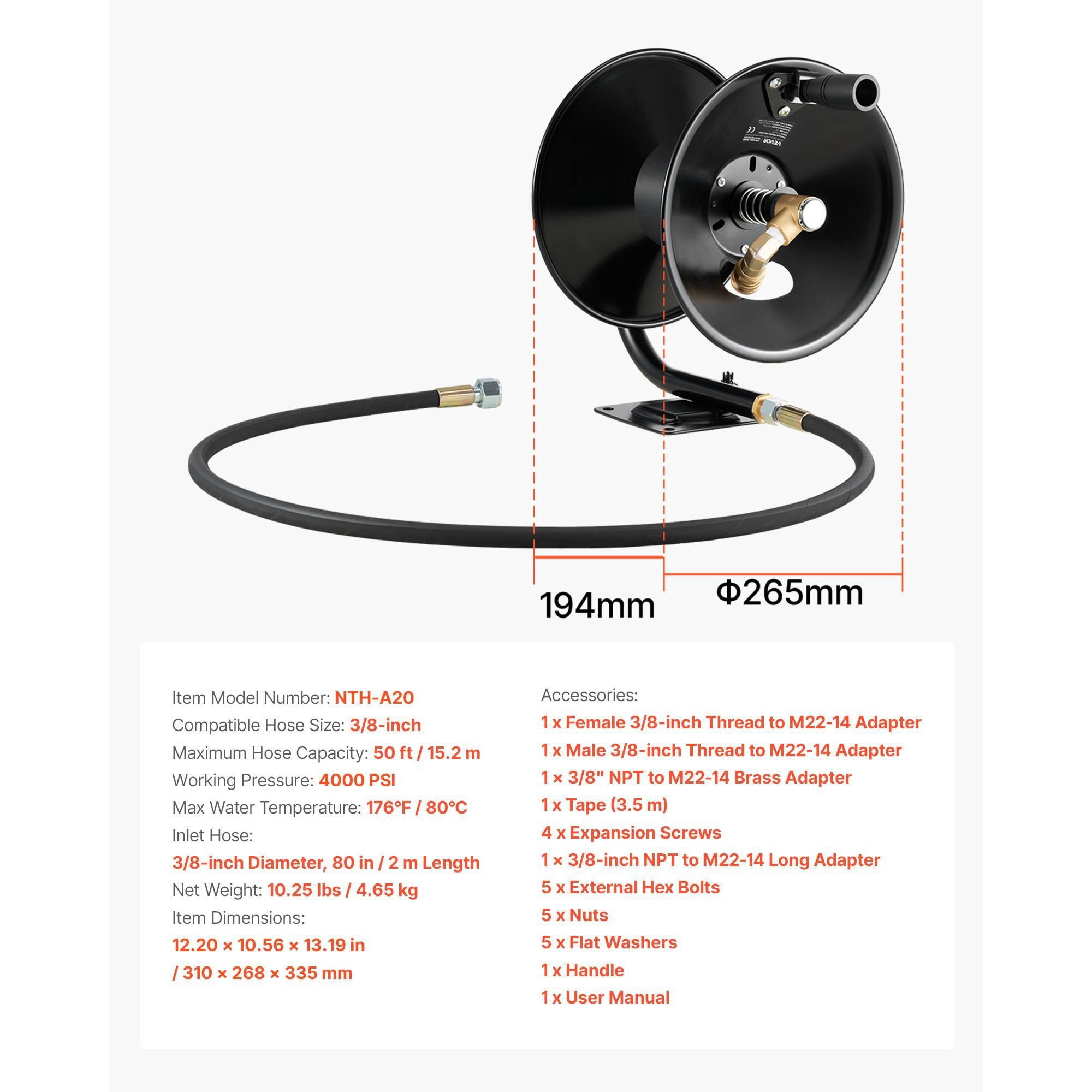 Pressure Washer Hose Reel, 50 FT x 3/8 Inch, 4000 PSI Heavy Duty Steel Mountable Reel, Black