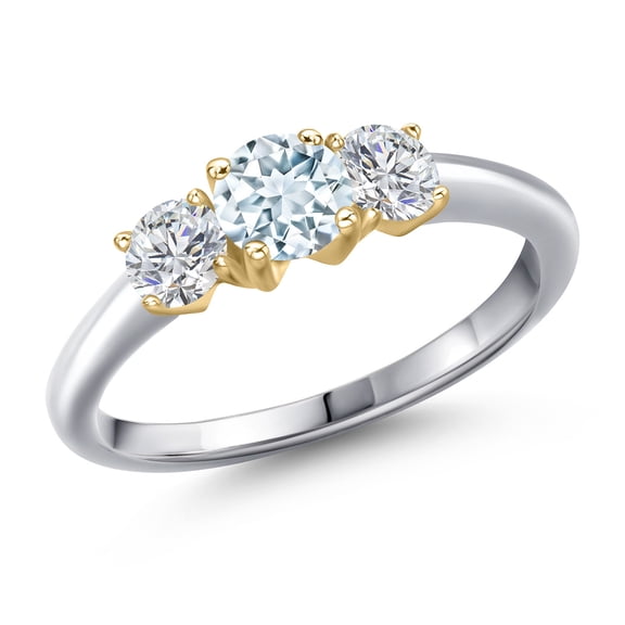 Gem Stone King 10K Two Tone Gold Sky Blue Aquamarine and Lab Grown Diamond Engagement Ring for Women | 1.04 Cttw | Round 5MM | Gemstone March Birthstone | Size 6