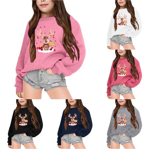 Tanghaowl Kids Sweatshirts Children Autumn Winter Long Sleeved Christmas Printed Crewneck Hoodie for Boys and Girls Plus Warm Coat Pink 4-5 Years