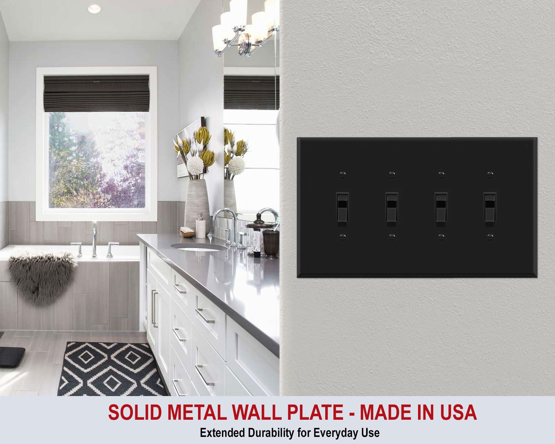 OVERSIZED 4 Gang Toggle Metal Light Switch Plate Cover - Four Gang Jumbo Wall Plate for Toggle Style Light Switches, Stainless Steel Painted Black - UL Listed, 5.5" x 9.5" - Made in USA