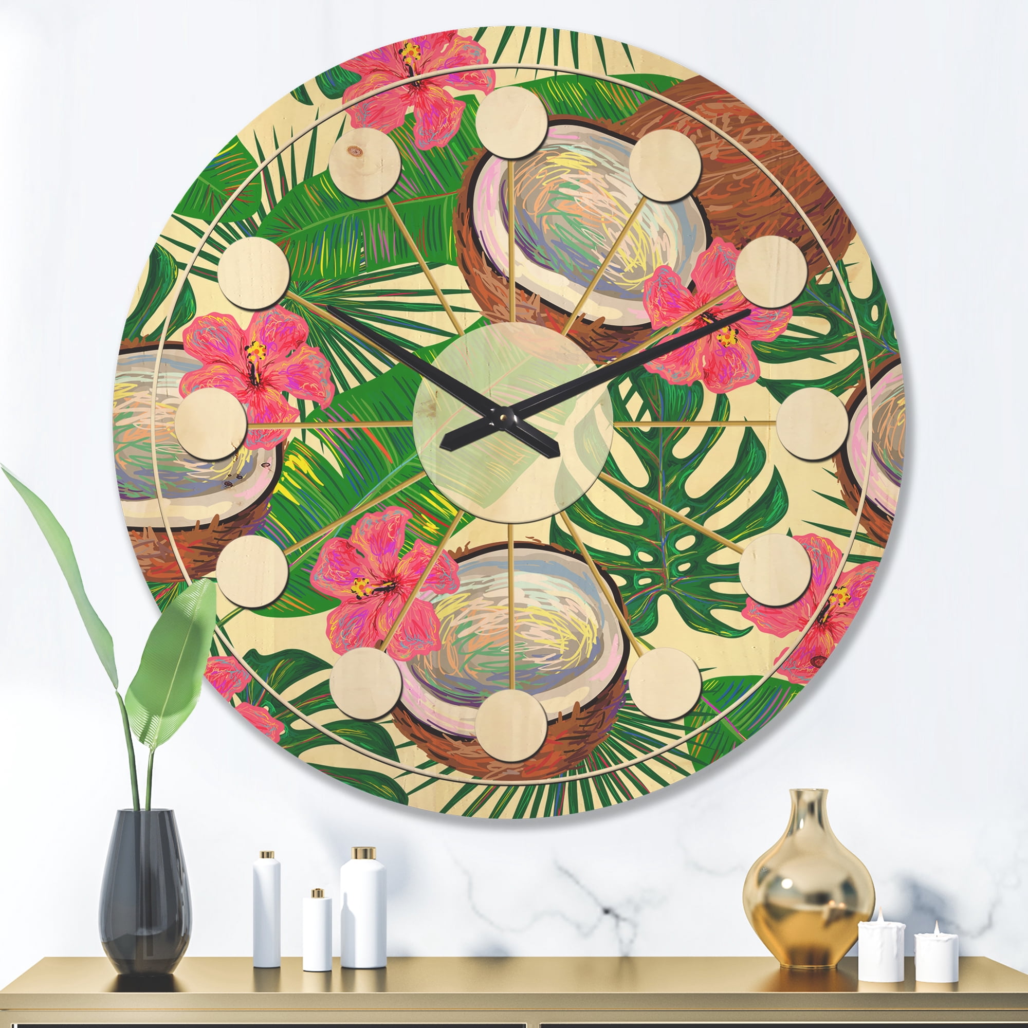Designart 'Tropical Jungle Flowers and Cooconut' Mid-Century Modern Wood Wall Clock