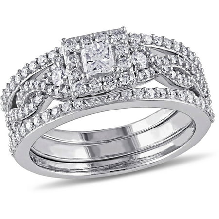 1 Carat T.W. Princess- and Round-Cut Diamond 10kt White Gold Halo Cluster Bridal Set