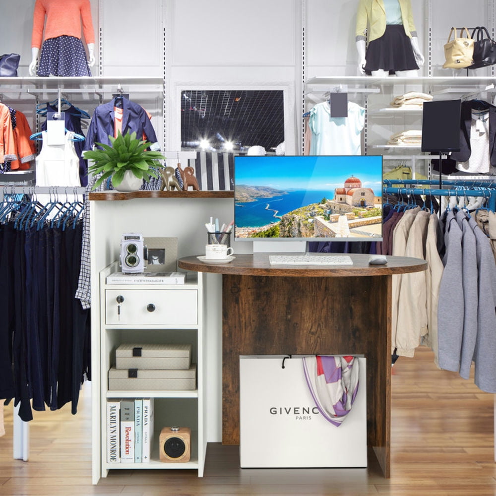 Demi Bonn Front Reception Office Desk with Open Shelf and Lockable Drawer, Small Home Computer Desk Study Writing Table, Brown + White