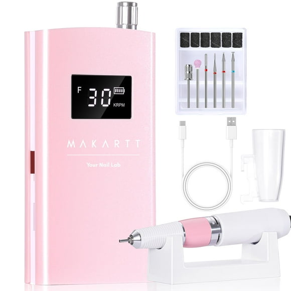 Makartt Electric Nail Drill, 30000RPM Rechargeable E File, Perlarie Pearly Pink Portable Nail Grinder with Drill Bits & Sanding Bands for Manicure Salon Home Use