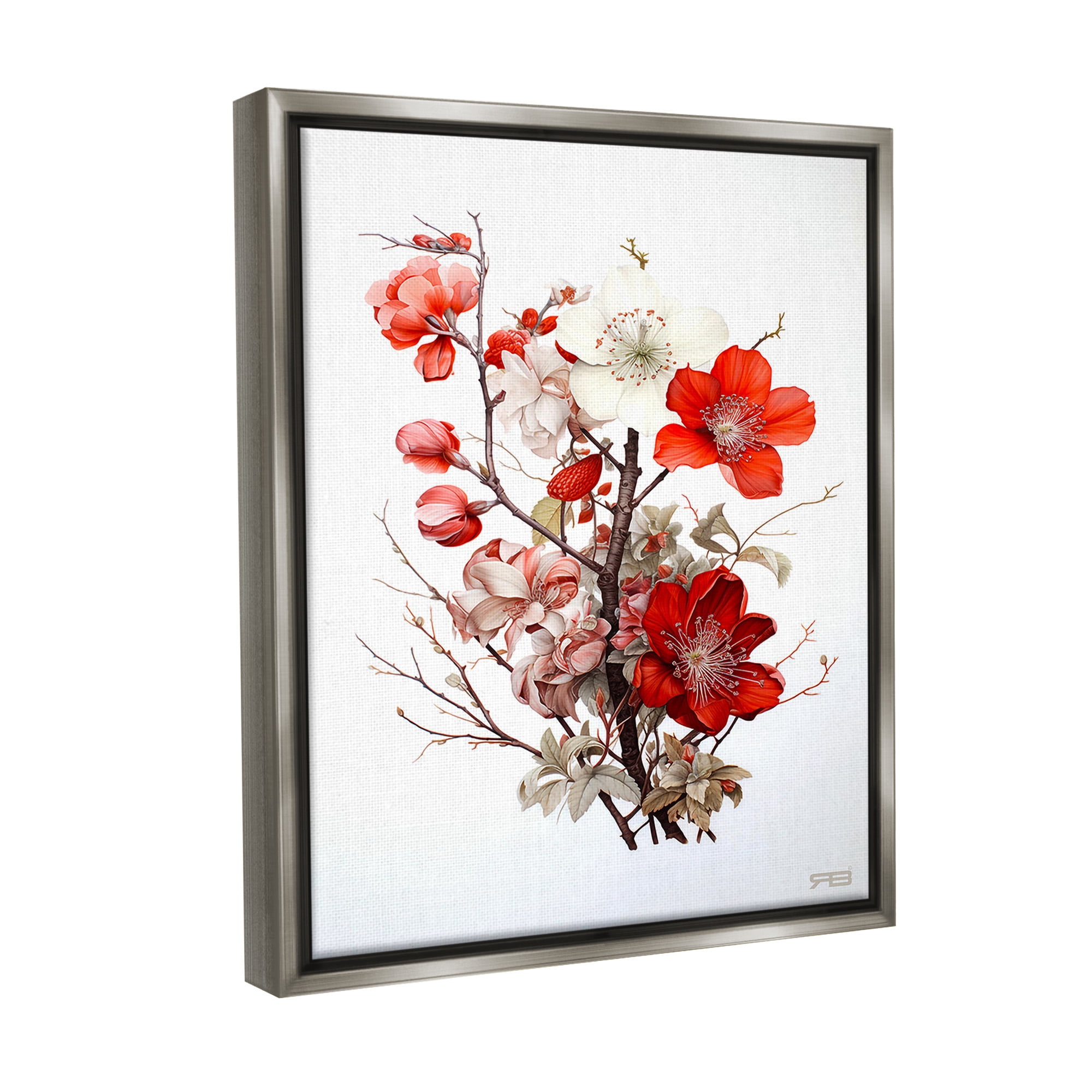 Stupell Industries Red Flower Branches Botanical & Floral Painting Gray Floater Framed Canvas Art Print Wall Art, 17 x 21