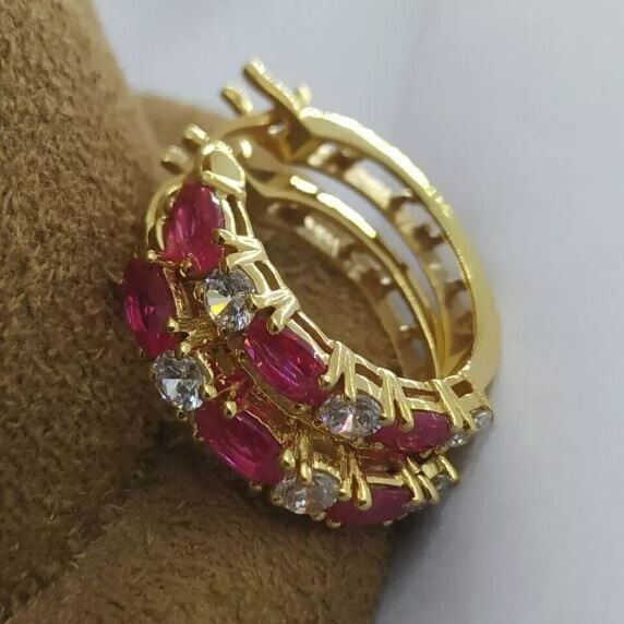 2.00Ct Simulated Ruby & Diamond Huggie Hoop Earrings 14K Yellow Gold Plated Pure 925 Sterling Silver