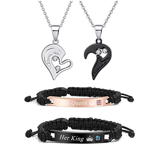 Couples Necklaces Bracelets Set for Him and Her,His Queen Her King Couples Jewelry Set Gifts for Lover 