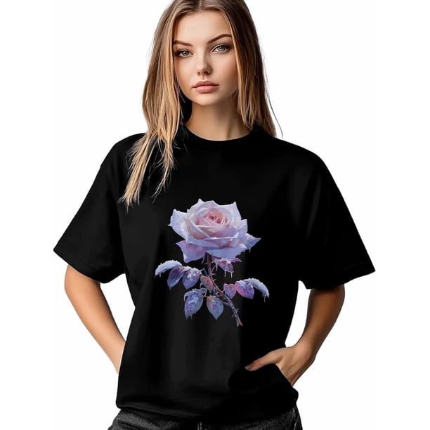 Camiseta de mujer, camisetas de manga corta, tops casuales, camiseta de cuello redondo con rosas coloridas para mujer