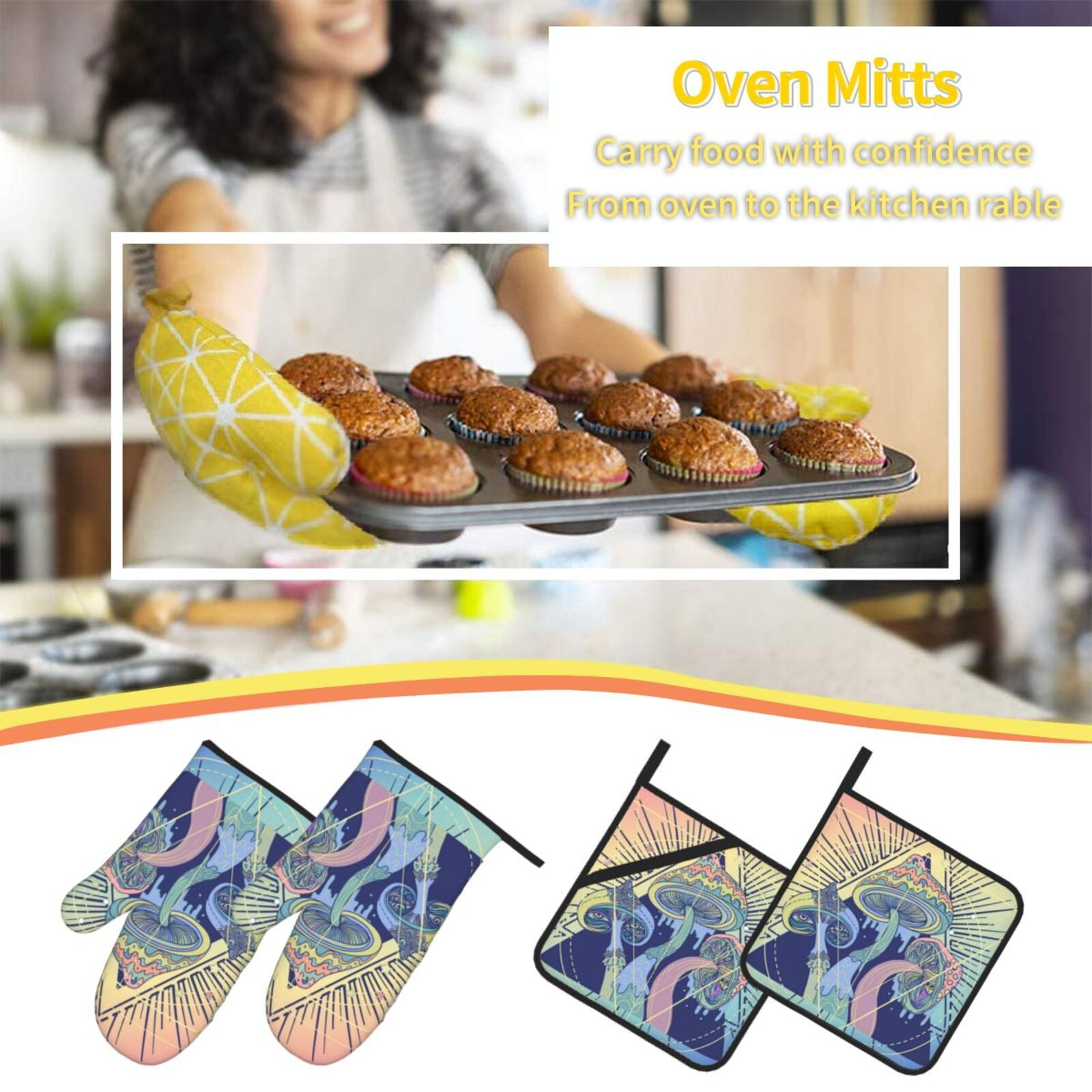 Magic Mushrooms Geometry Psychedelic 4Pcs Oven Mitts and Pot Holders Sets Oven Kitchen Gloves Hot Pads for Cooking BBQ Baking Grilling