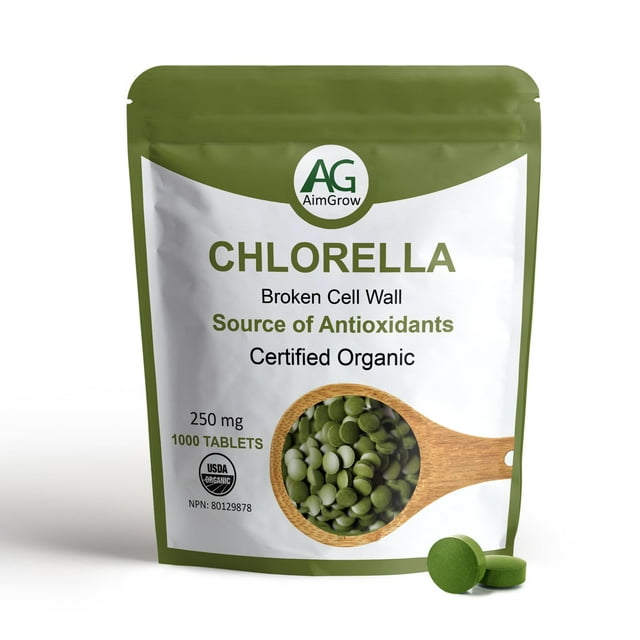 AimGrow Chlorelle Biologique, Comprimés de Chlorelle avec Paroi Cellulaire Cassée, Biologique Canada, 250 Mg, 1000 Unités