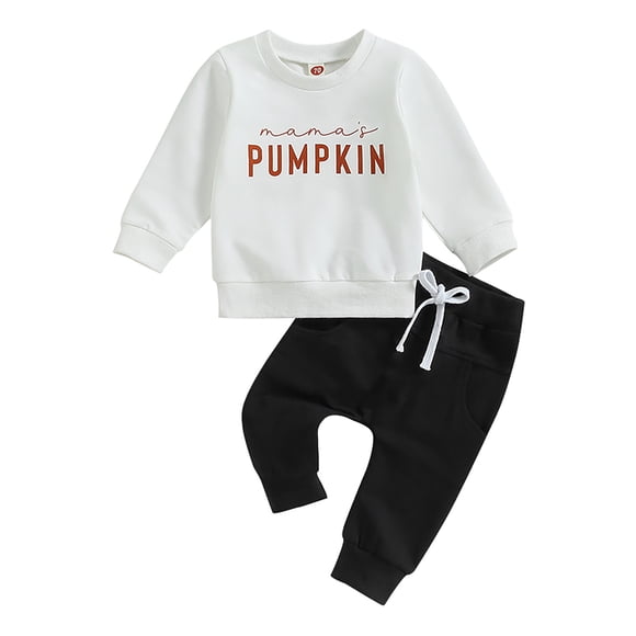 MEZZALL Ensemble 2 Pcs pour Bébés Garçons Filles avec Adorable Imprimé de Lettres Citrouille Chandail à Manches Longues et Pantalon Automne Hiver Classique Nouveau-Né Tenue Quotidienne, Blanc, 0-6 Mois