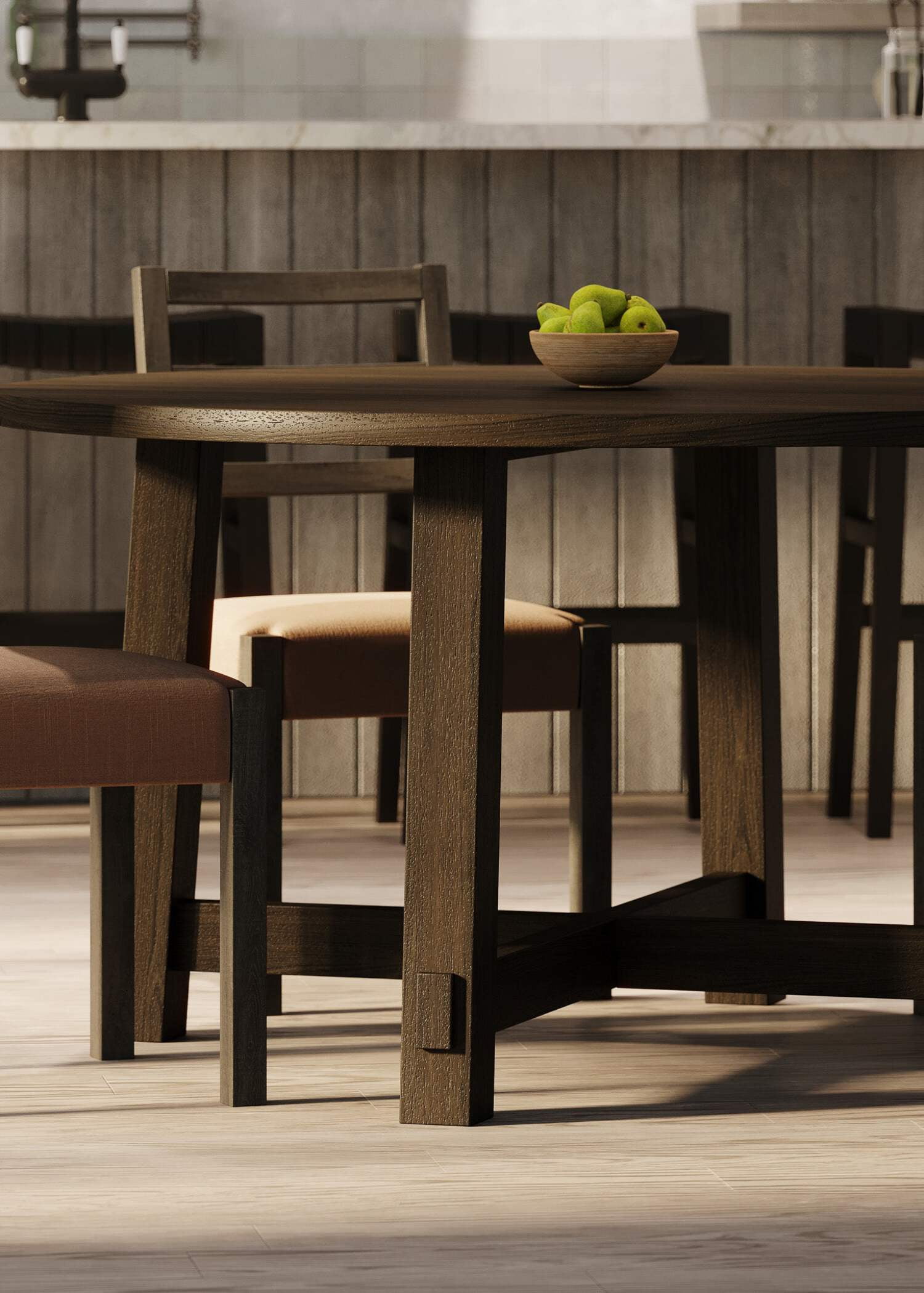 Maven Lane Sasha Large Circular Wood Round Dining Table for Modern Kitchen, Bistro, or Meeting Room in Rustic Weathered Grey Finish