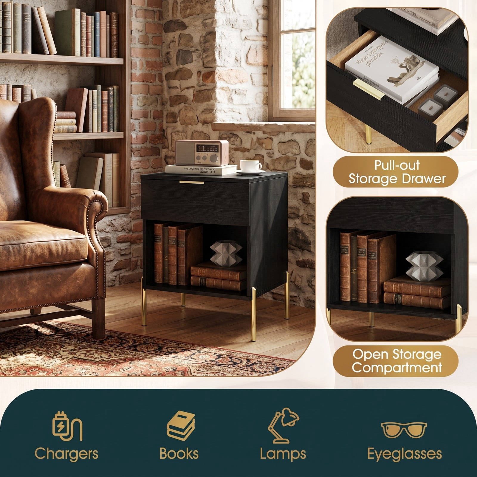 Furnibear Modern Nightstand with Charging Station for Bedroom, 1 Drawer and Open Compartment Bedside Table with Metal Legs, Black