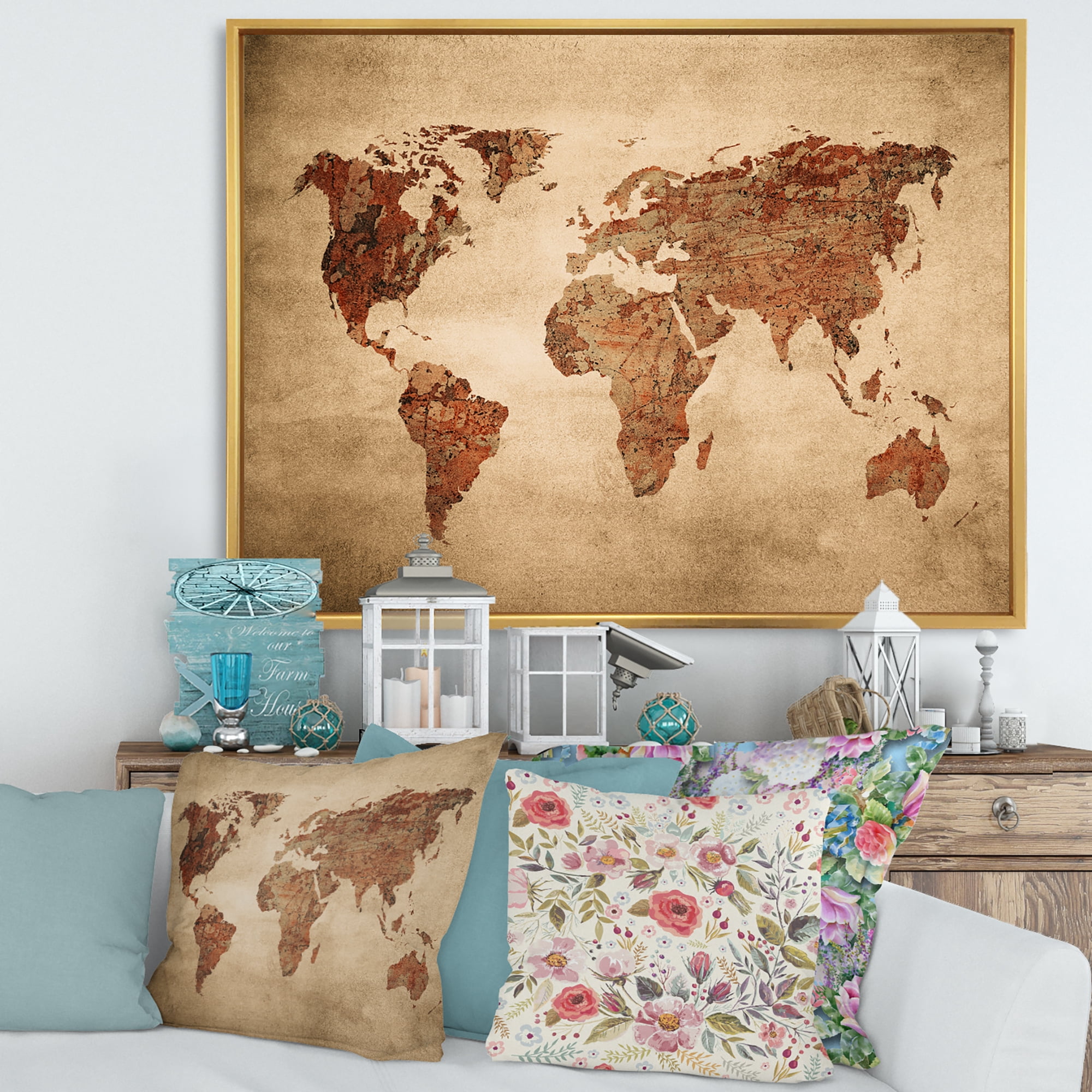 Designart 'Ancient World Map VII' Vintage Framed Canvas Wall Art Print