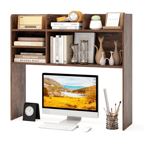 Topbuy Desktop Bookshelf Desk Hutch Shelf for Computer Monitor 37" Wooden Desktop Organizer with 3-Tier Display Rack Brown