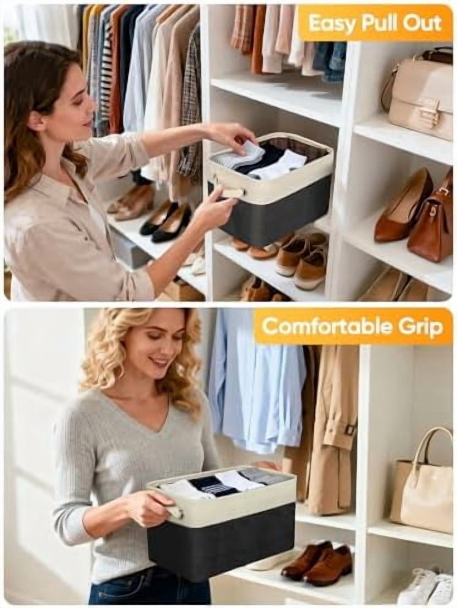 2 Pack Fabric Storage Bins for Shelves, Linen Storage Baskets for Organizing, Decorative Closet Bins for Clothes, Home (Black, 17''x13''x10.5'')