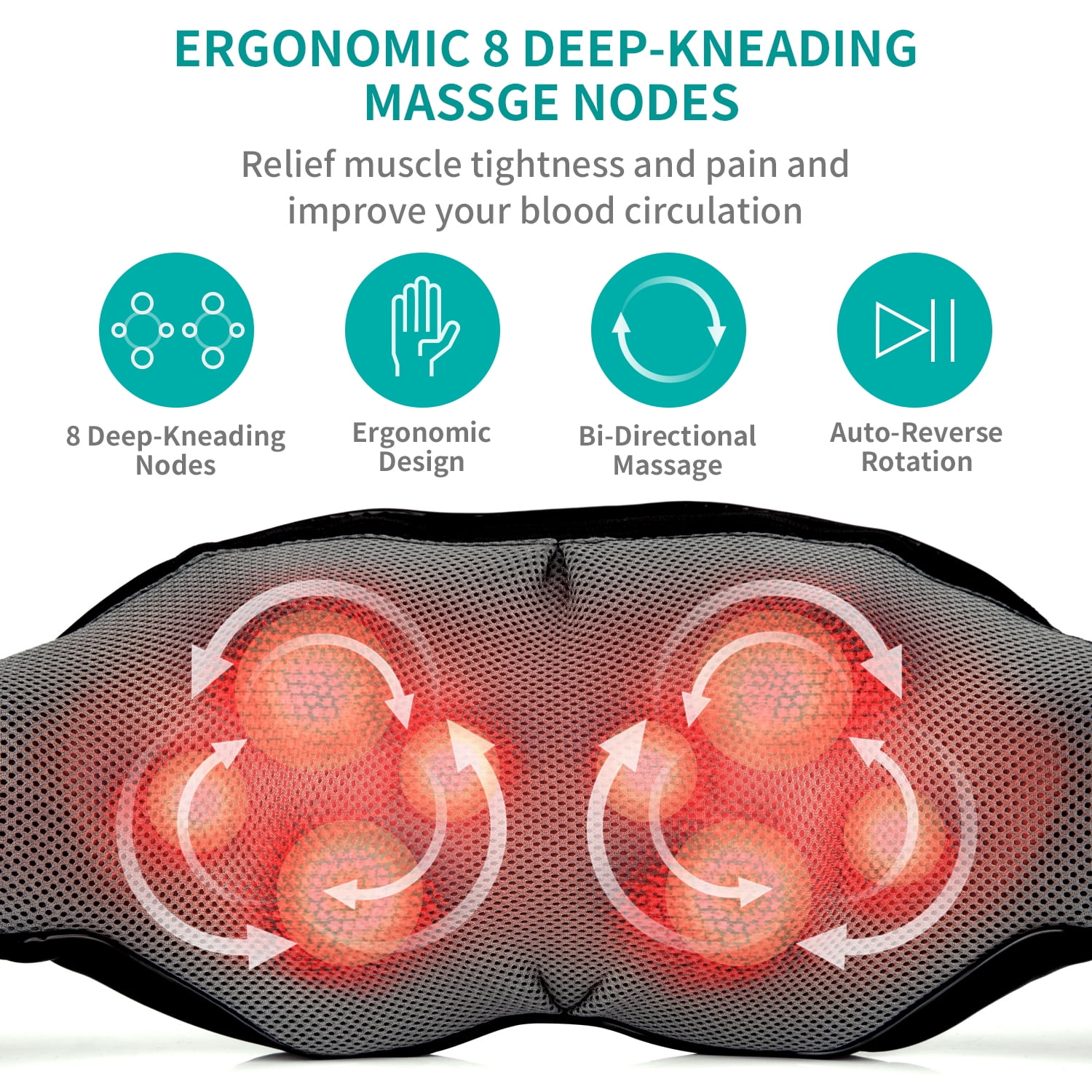 Nekteck Neck Massager with Heat, Deep Kneading Shiatsu Neck and Neck Massager for Pain Relief Deep Tissue, Electric Massage Pillow, Home/Office/Work/Home/School Use, Father Days Gifts(NOT Cordless)