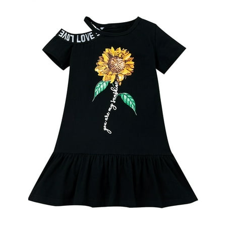 

Baby Kids Girls Cold Shoulder Sunflower Print Shirt Dress Beach Sundress