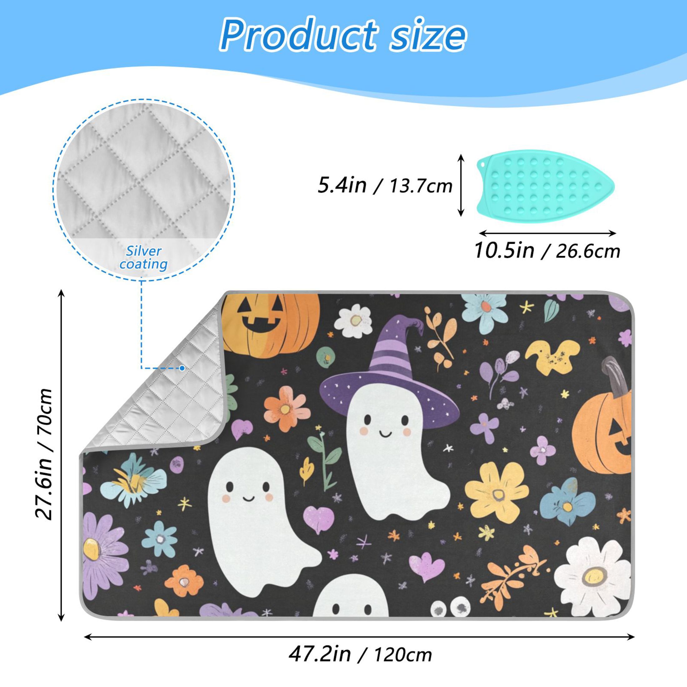 Colorful Flowers Pumpkins Halloween Specters Ironing Mat Blanket Portable Travel Ironing Pad Heat Resistant Pad 47.2" x 27.6”