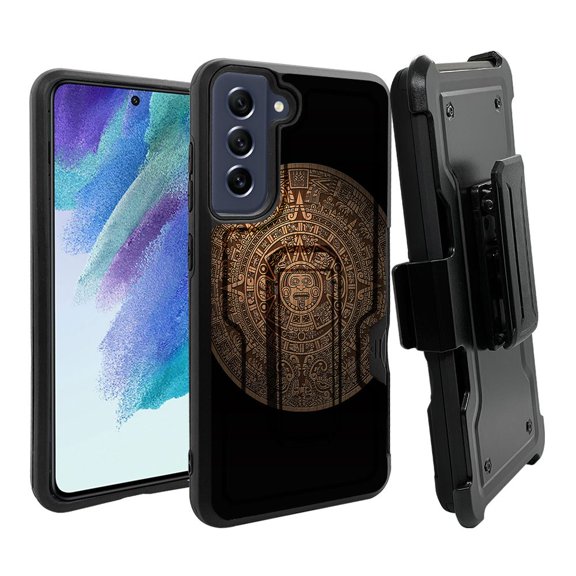 ANJ  Rugged Dual Layer Shockproof Holster Case w/Card Slot   Tempered Glass Cover for Samsung Galaxy S21 FE 5G - Stone Carved Mayan