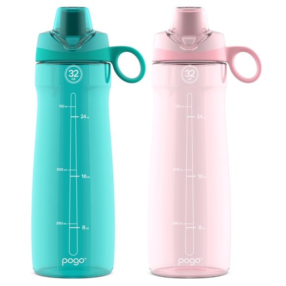 Pogo Botella de agua reutilizable de plástico de 32 oz, paquete de 2 con tapa y asa de transporte, sin BPA, apta para deportes y viajes, apta para lavavajillas, Aquaviva/satén rosa