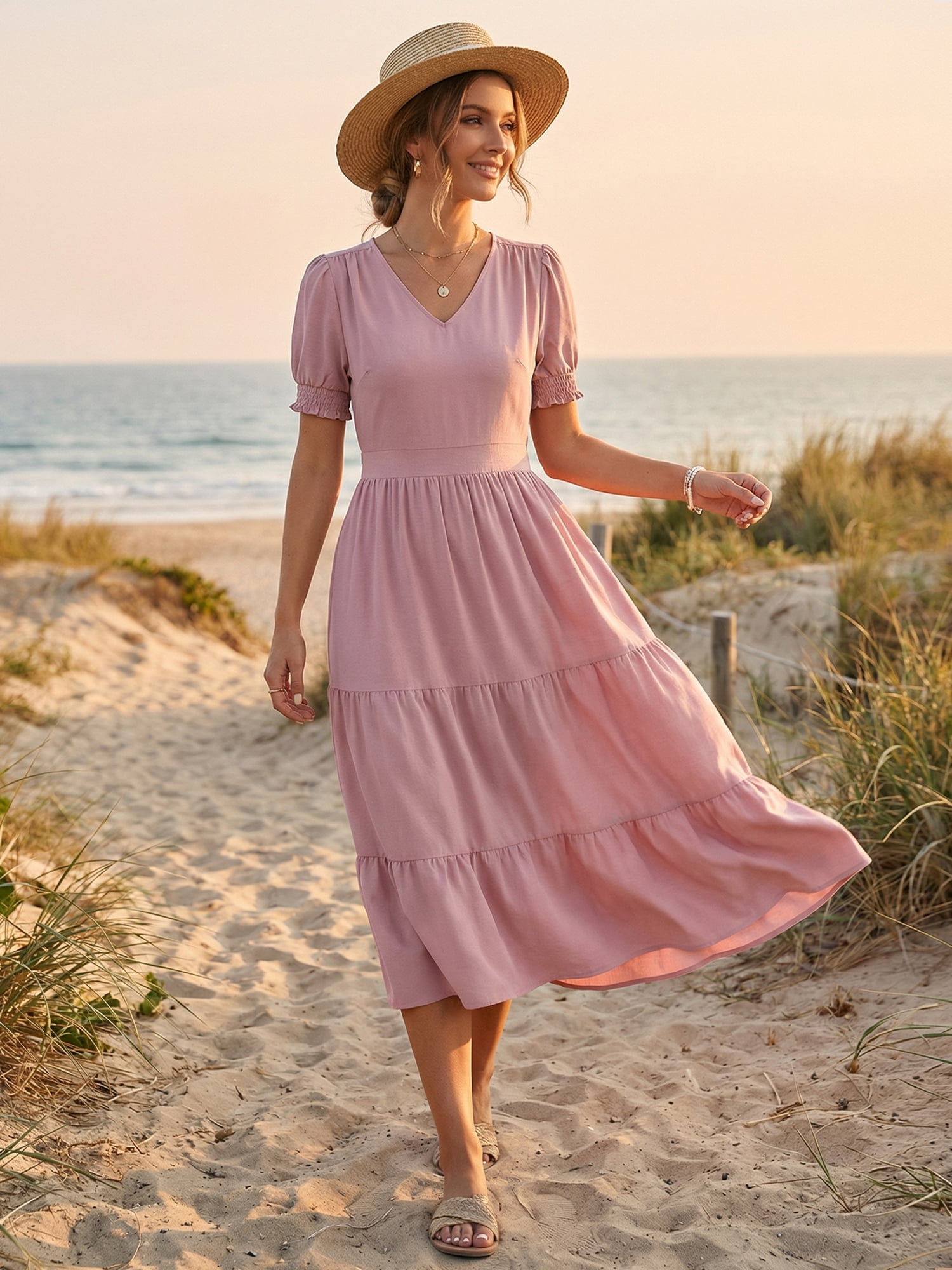 DARING DIVA Women's Tiered Smocked Short Sleeve A-Line V Neck Ruffle Flowy Dress L Pink