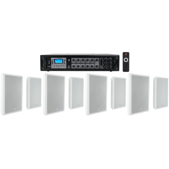 Rockville 6-Zone 70v Amplifier (8) Slim White Restaurant/Bar/Cafe Wall Speakers