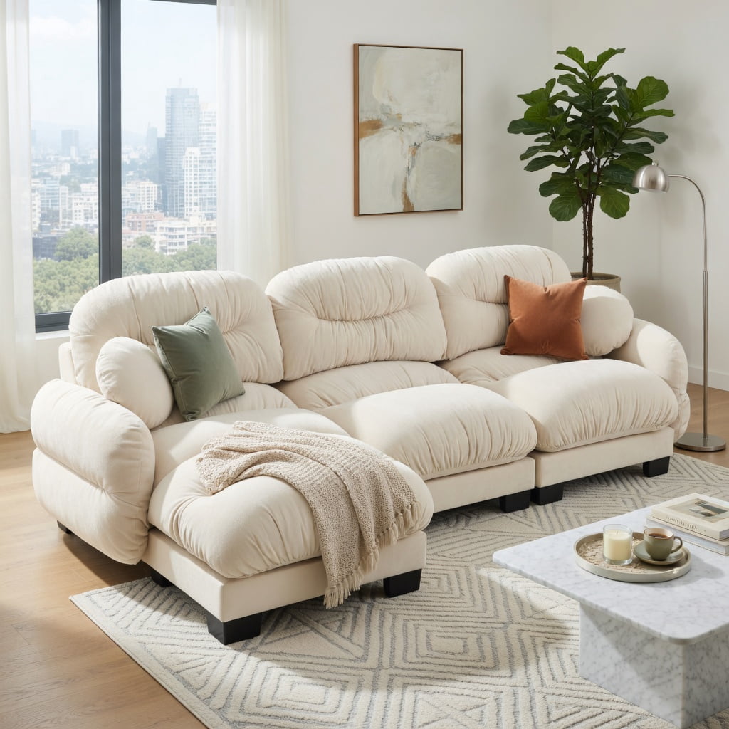 Hommoo Chenille L-Shaped Modular Sectional Sofa with Pleated Back, Ergonomic High-Density Foam Cushions, Curved Armrests, Ottoman & 2 Round Throw Pillows, 3-Seat Cozy Living Room Couch, Beige