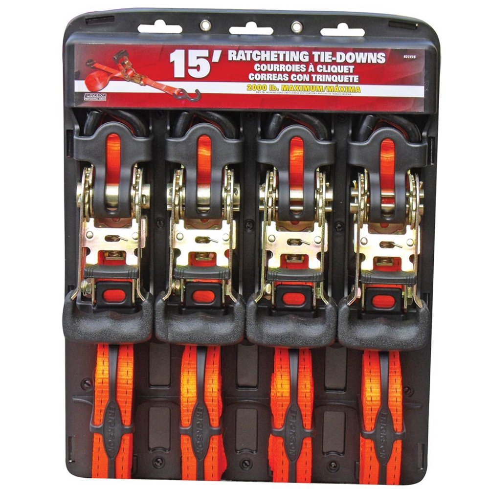 31416 Pro Series Orange 1" x 15' Rubber Handle Ratcheting TieDown Strap, (Pack of 4), Wide
