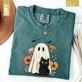 thumbnail image 4 of Cute Ghost & Black Cat Halloween T-Shirt – Aesthetic Floral Spooky Season Tee with Bats & Fall Flowers, Soft Vintage Style, 4 of 6