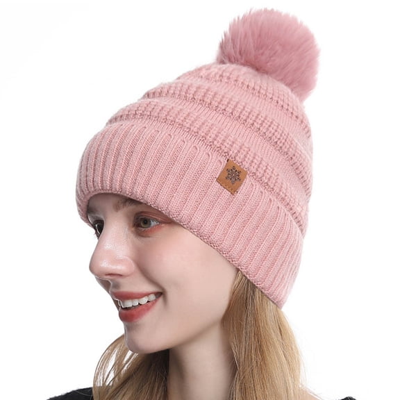 SYMOID Stretch Knit Winter Beanie for Women with Faux Faux Fur Pom Pom, Cuffed Warm Skull Cap, Pink Hats,Size Free Size