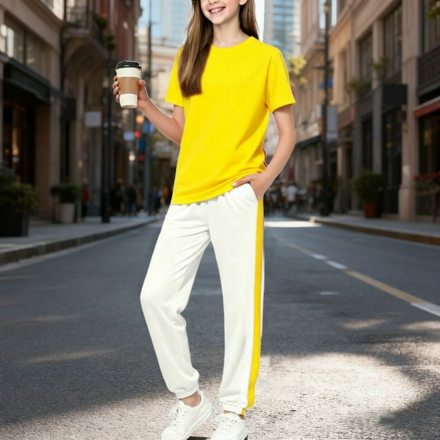 Conjuntos de blusas y camisas de manga larga y cuello redondo para niños, color liso, manga corta, cuello redondo, camiseta y pantalones deportivos con lazo en la pierna, conjunto deportivo informal d
