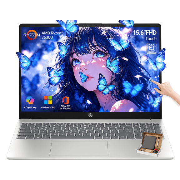 HP 15.6" FHD Touchscreen Laptop for Business, AMD Ryzen 5 7530U Processor, 8 GB RAM, 512 GB SSD, Backlit Keyboard, Wi-Fi 6, AI Copilot, Windows 11 Pro, Office 365 for The Web