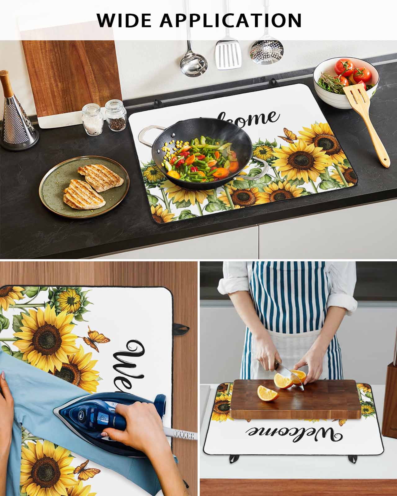 nqOlkjepod Large Induction Cooktop Protector Mat 36"x21", Sunflower Stove Top Covers for Electric Stove, Summer Botanical Floral Welcome Decorative Stove Burner Cover Mats, Glass Top Stove Cover