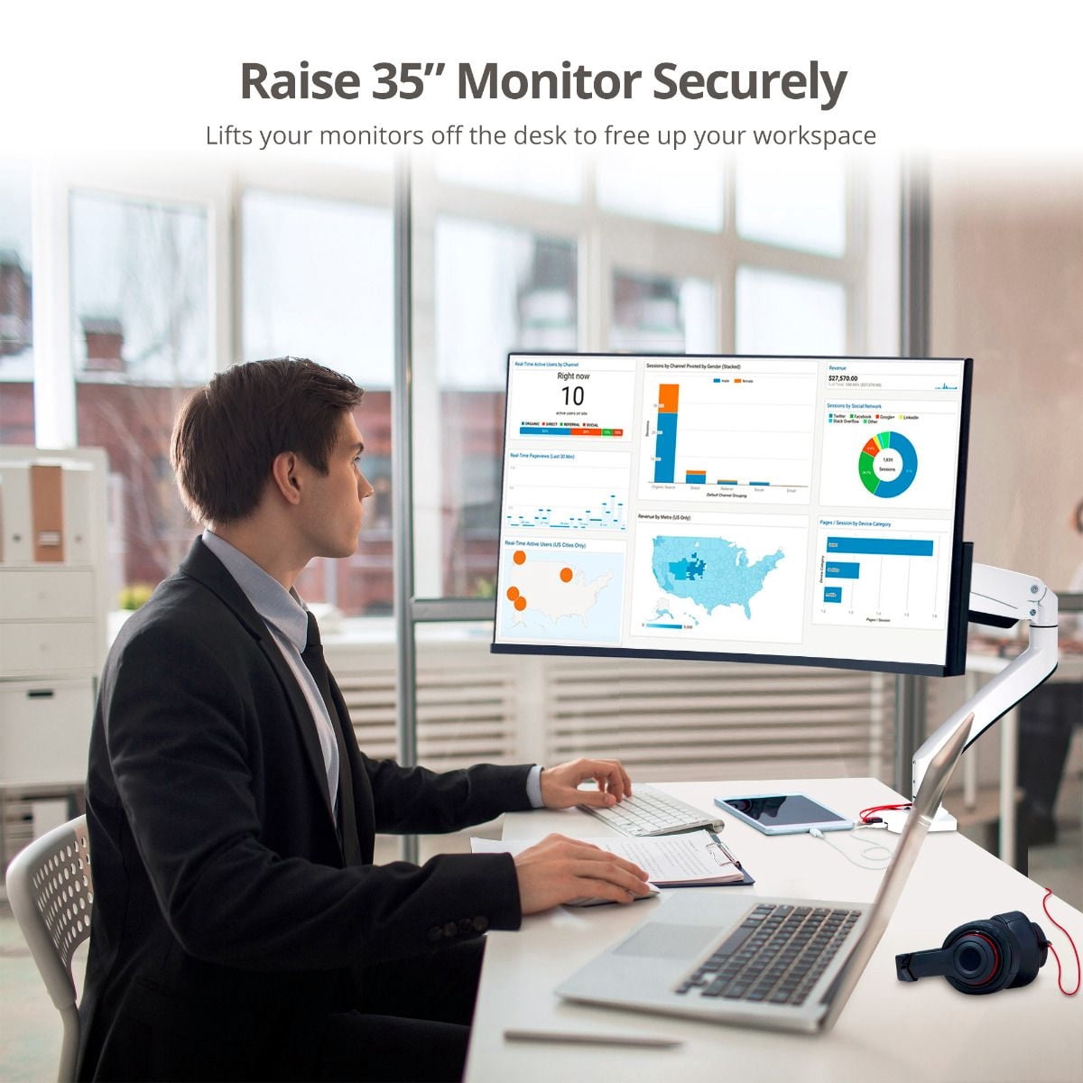 SIIG CE-MT3111-S1 Dual Monitor Aluminum Heavy Duty Desk Mount with USB and Audio Ports - White