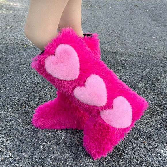 Xfvqtps Womens Plush Furry Snow Boots Knee High with Heart Decor Cute Winter Fashion Boots for Women Lace up Warm Flat Sole Boots for Christmas Holiday Hot Pink